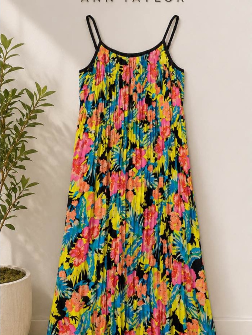 LOFT Black Tropical Floral Maxi Dress with Pink, Yellow & Blue